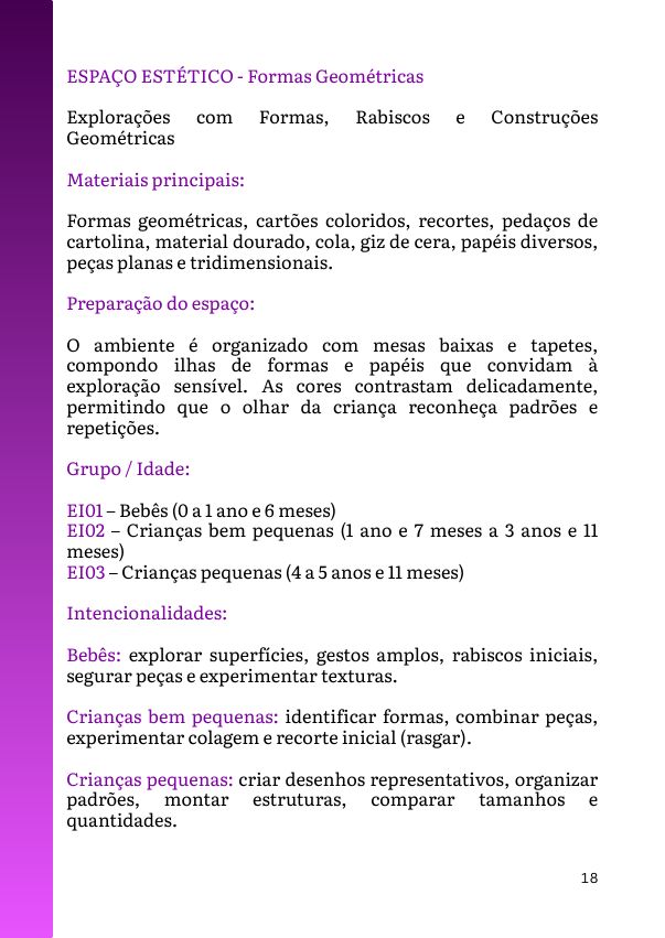 Página do e-book com preparação do espaço, campos de experiência e habilidades da BNCC