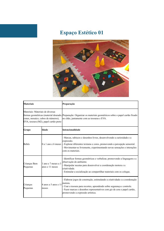 Página do Caderno com o Espaço Estético 01, foto do espaço e tabela de intencionalidades