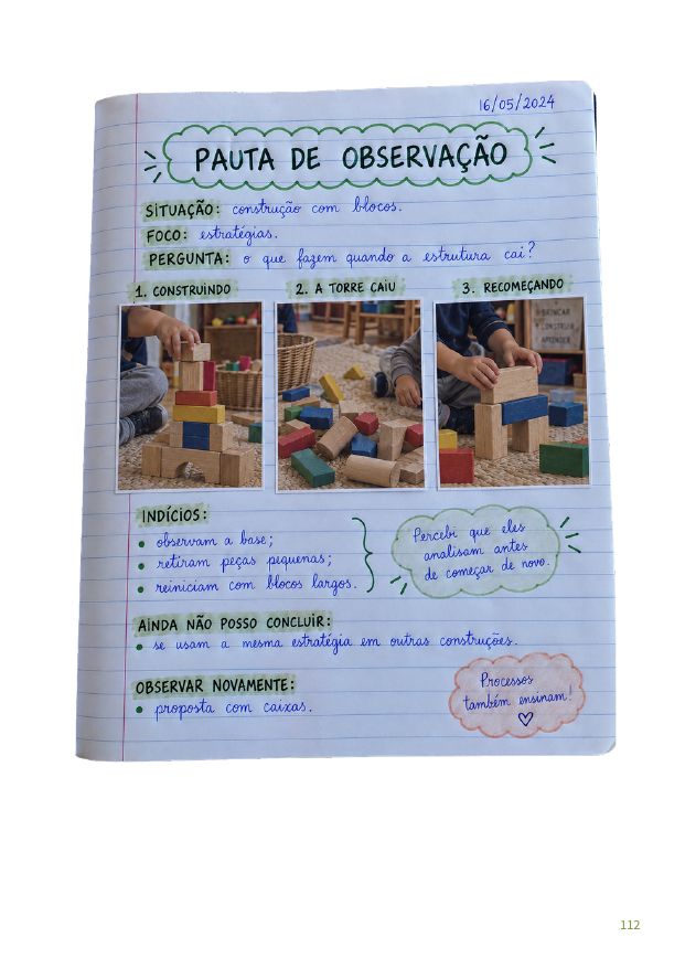 Página manuscrita da pauta dos materiais e das brincadeiras